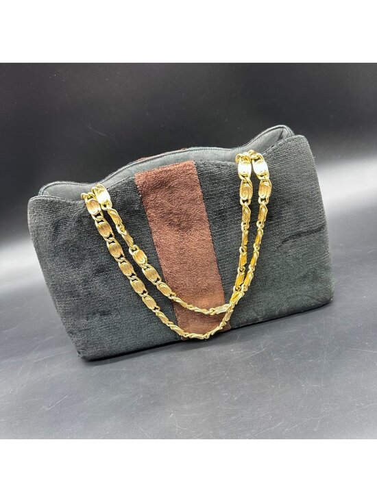 Crown Lewis Handbags - Vintage Black Brown Purse Crown Lewis Gold Chain Handles Mid Century Handbag